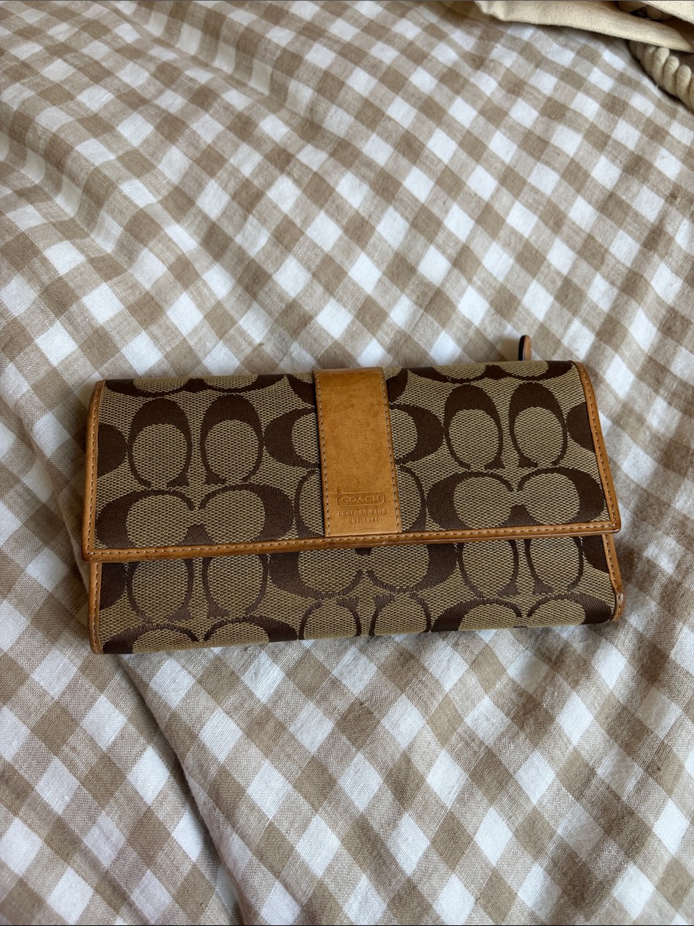 Coach Brown Signature Canvas Fold-Over Wallet with Tan Trim